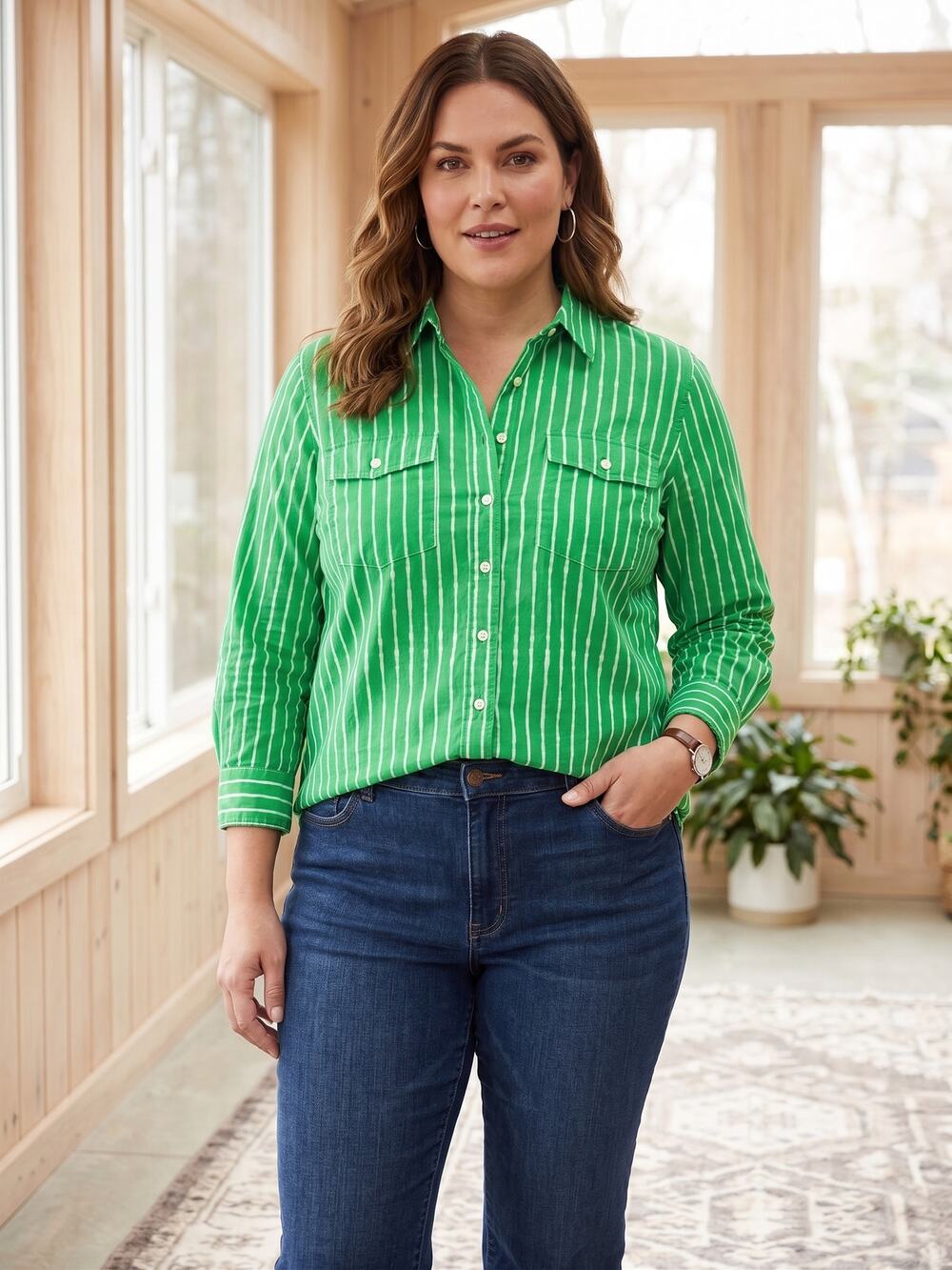 Lauren Ralph Lauren Kelly Green White Striped 100% Cotton Shirt Womens XL